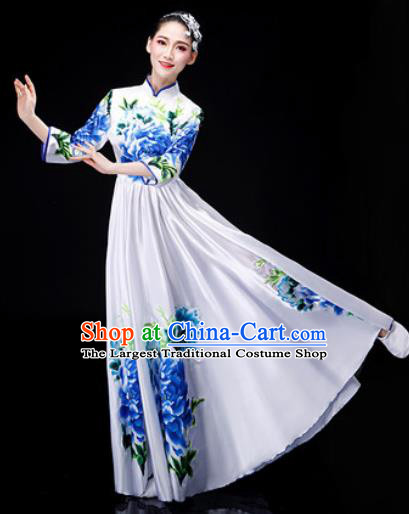 Chinese Traditional Classical Dance Costume Umbrella Dance Printing Peony White Dress for Women