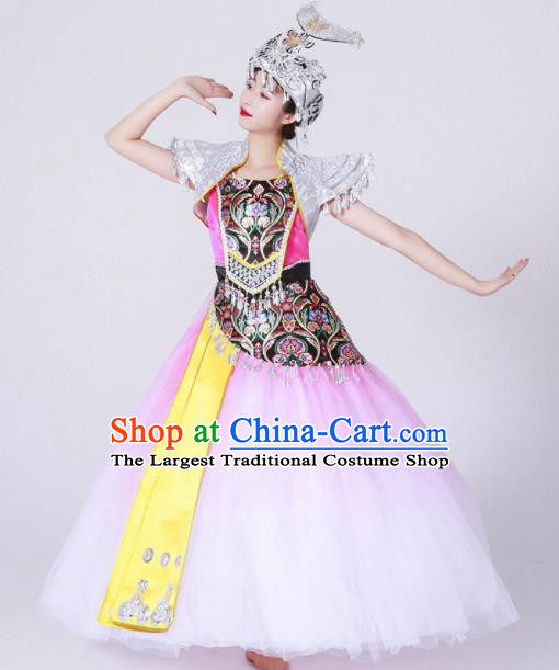 Chinese Traditional Miao Nationality Costume Hmong Ethnic Folk Dance Pink Dress for Women