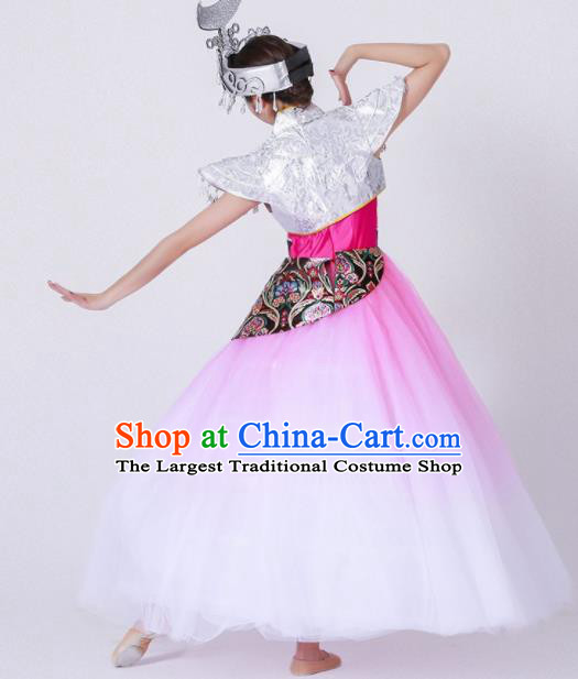 Chinese Traditional Miao Nationality Costume Hmong Ethnic Folk Dance Pink Dress for Women