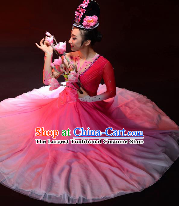 Chinese Traditional Classical Lotus Dance Costume Umbrella Dance Pink Dress for Women
