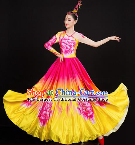 Chinese Traditional Classical Dance Printing Peony Dress Umbrella Dance Stage Performance Costume for Women