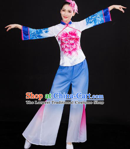 Chinese Traditional Folk Dance Blue Clothing Yangko Group Dance Stage Performance Costume for Women