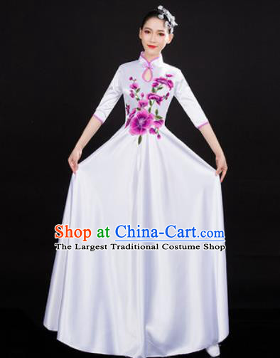 Chinese Traditional Classical Dance White Dress Umbrella Dance Stage Performance Costume for Women