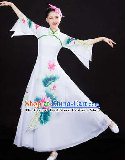Chinese Traditional Classical Dance Printing Lotus Dress Umbrella Dance Stage Performance Costume for Women
