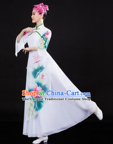 Chinese Traditional Classical Dance Printing Lotus Dress Umbrella Dance Stage Performance Costume for Women