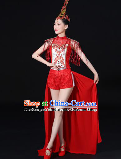 Chinese Traditional Folk Dance Red Clothing Group Drum Dance Stage Performance Costume for Women