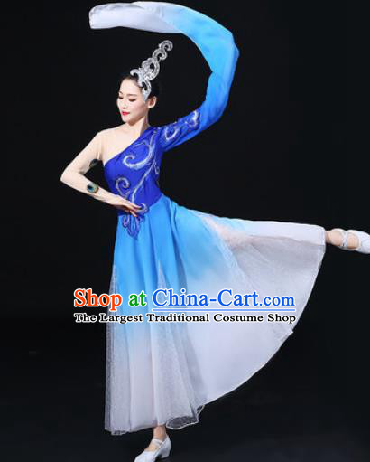 Chinese Traditional Classical Dance Blue Dress Umbrella Dance Stage Performance Costume for Women