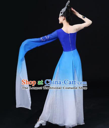 Chinese Traditional Classical Dance Blue Dress Umbrella Dance Stage Performance Costume for Women