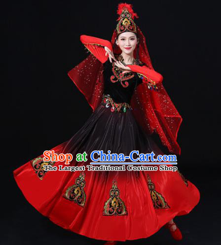 Traditional Chinese Uyghur Nationality Red Dress Uigurian Folk Dance Ethnic Costume for Women