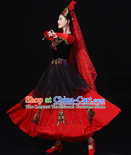 Traditional Chinese Uyghur Nationality Red Dress Uigurian Folk Dance Ethnic Costume for Women