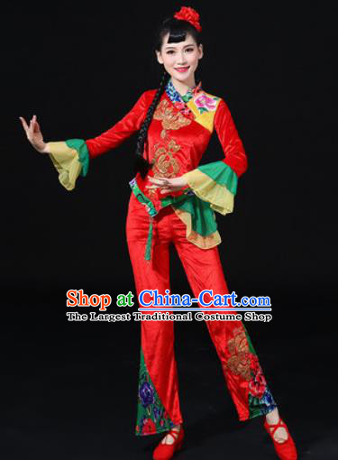 Chinese Traditional Folk Dance Fan Dance Red Clothing Group Yangko Dance Stage Performance Costume for Women