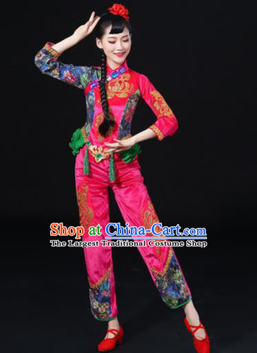 Chinese Traditional Folk Dance Fan Dance Rosy Clothing Group Yangko Dance Stage Performance Costume for Women