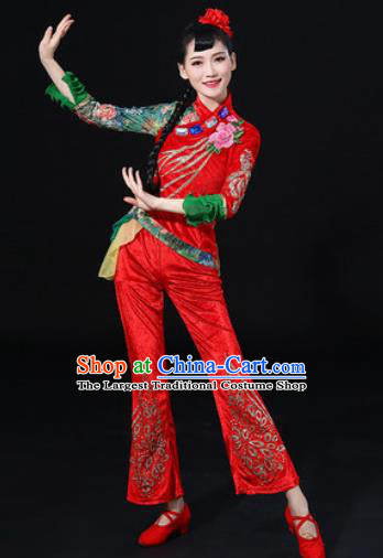Chinese Traditional Fan Dance Red Clothing Group Yangko Dance Folk Dance Stage Performance Costume for Women