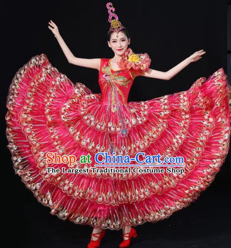 Chinese Traditional Modern Dance Rosy Dress Spring Festival Gala Opening Dance Stage Performance Costume for Women