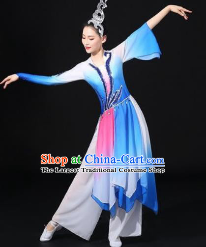 Chinese Traditional Classical Lotus Dance Blue Dress Umbrella Dance Stage Performance Costume for Women