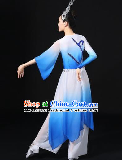 Chinese Traditional Classical Lotus Dance Blue Dress Umbrella Dance Stage Performance Costume for Women