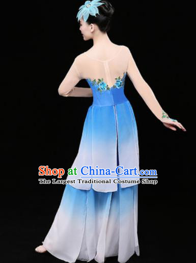 Chinese Traditional Classical Dance Lotus Dance Blue Dress Umbrella Dance Stage Performance Costume for Women