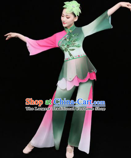 Chinese Traditional Stage Performance Fan Dance Deep Green Clothing Folk Dance Group Yangko Dance Costume for Women