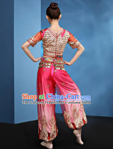 Traditional Chinese Folk Dance Stage Show Clothing Belly Dance Rosy Costume for Women