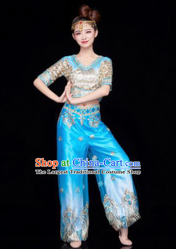 Traditional Chinese Folk Dance Stage Show Clothing Belly Dance Blue Costume for Women