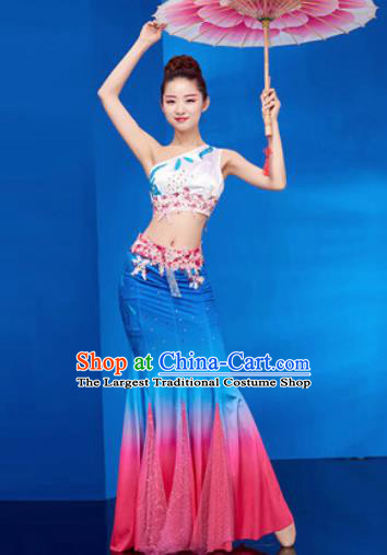 Traditional Chinese Dai Nationality Folk Dance Blue Dress National Ethnic Peacock Dance Costume for Women