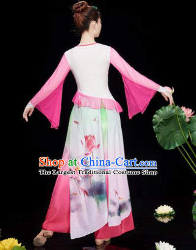 Chinese Traditional Umbrella Dance Printing Lotus Pink Dress Classical Dance Stage Performance Costume for Women