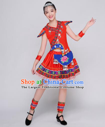 Traditional Chinese Miao Nationality Folk Dance Red Dress Hmong National Ethnic Costume for Women