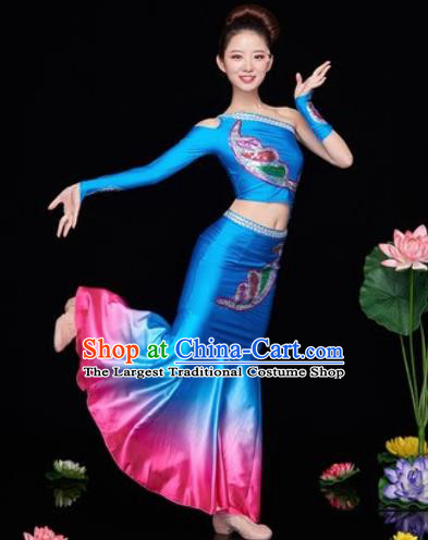 Traditional Chinese Dai Nationality Folk Dance Deep Blue Dress National Ethnic Peacock Dance Costume for Women