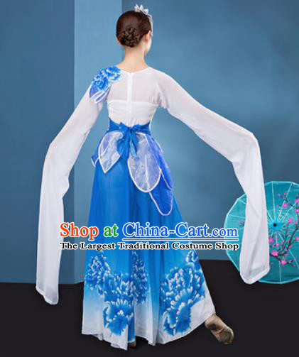 Chinese Traditional Umbrella Dance Blue Dress Classical Lotus Dance Stage Performance Costume for Women