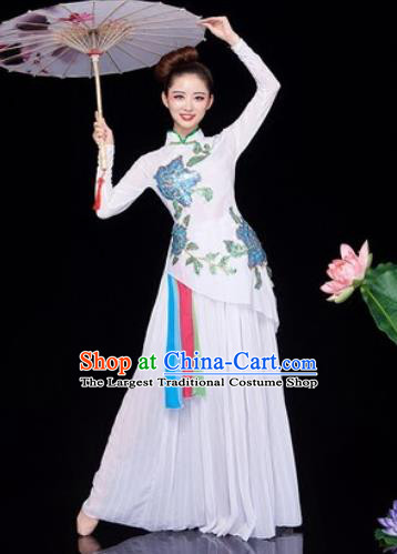 Chinese Traditional Umbrella Dance White Dress Classical Jasmine Flower Dance Stage Performance Costume for Women