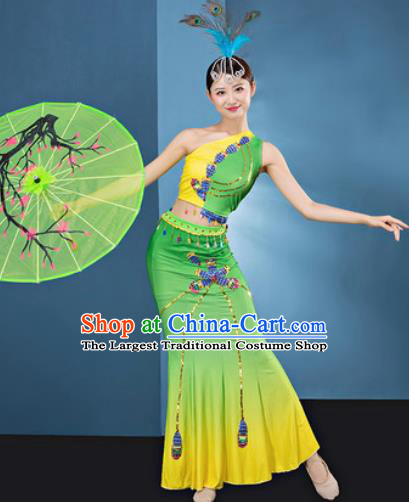 Traditional Chinese Dai Nationality Folk Dance Light Green Dress National Ethnic Peacock Dance Costume for Women