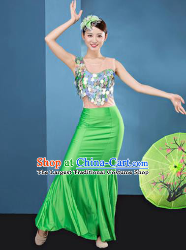 Traditional Chinese Dai Nationality Folk Dance Green Silk Dress National Ethnic Peacock Dance Costume for Women