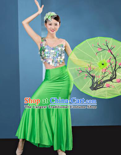 Traditional Chinese Dai Nationality Folk Dance Green Silk Dress National Ethnic Peacock Dance Costume for Women