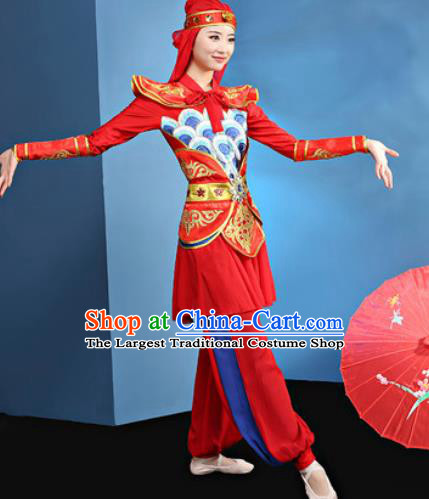 Traditional Chinese Folk Dance Stage Show Clothing Group Drum Dance Red Costume for Women