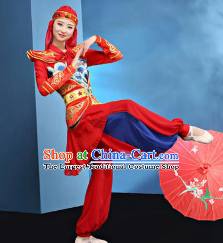 Traditional Chinese Folk Dance Stage Show Clothing Group Drum Dance Red Costume for Women