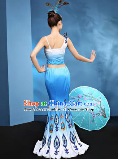 Traditional Chinese Dai Nationality Blue Dress National Ethnic Folk Dance Peacock Dance Costume for Women