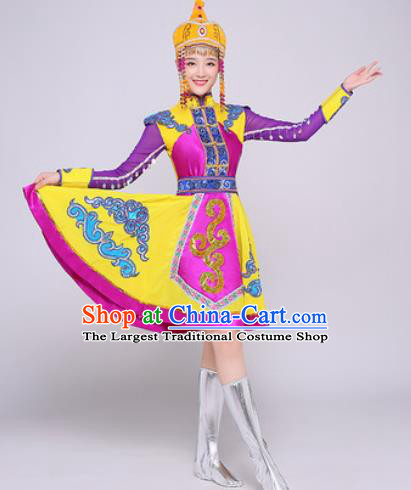 Traditional Chinese Mongol Nationality Folk Dance Purple Dress Mongolian National Ethnic Costume for Women