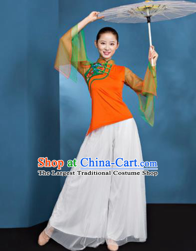 Traditional Chinese Folk Dance Stage Show Clothing Group Fan Dance Orange Costume for Women