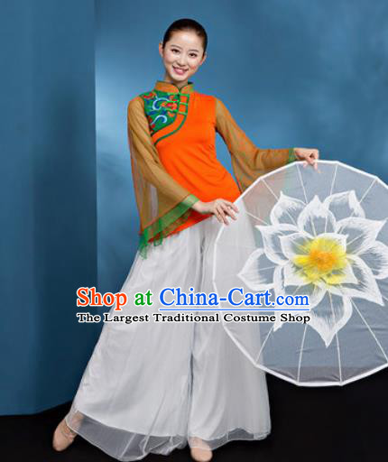 Traditional Chinese Folk Dance Stage Show Clothing Group Fan Dance Orange Costume for Women