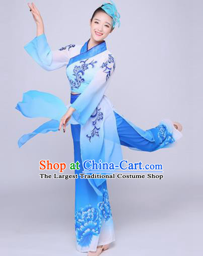 Chinese Traditional Folk Dance Group Dance Blue Clothing Yangko Fan Dance Costume for Women