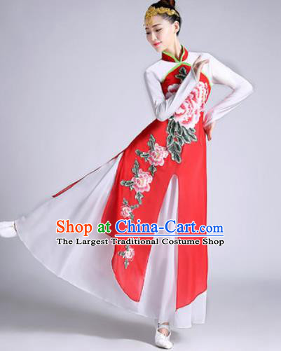Chinese Traditional Classical Dance Printing Peony Red Dress Umbrella Dance Stage Performance Costume for Women