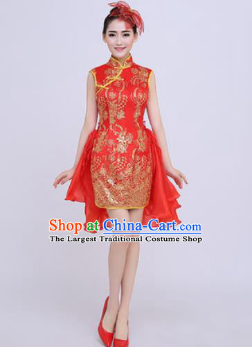 Chinese Traditional Chorus Opening Dance Red Qipao Dress Modern Dance Stage Performance Costume for Women