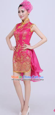 Chinese Traditional Chorus Opening Dance Rosy Qipao Dress Modern Dance Stage Performance Costume for Women