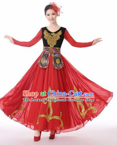 Traditional Chinese Uyghur Nationality Folk Dance Red Dress Uigurian National Ethnic Costume for Women