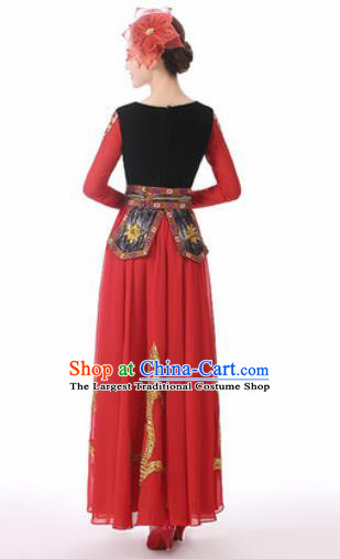 Traditional Chinese Uyghur Nationality Folk Dance Red Dress Uigurian National Ethnic Costume for Women