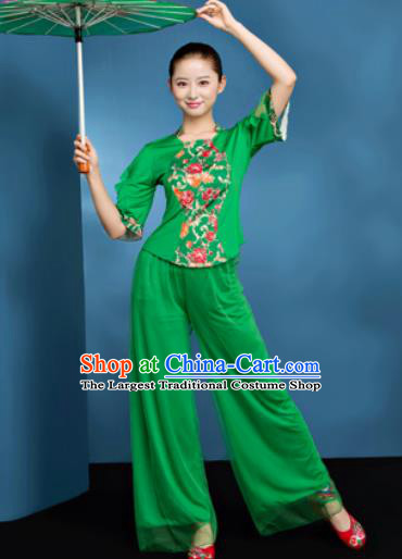Traditional Chinese Folk Dance Fan Dance Green Clothing Yangko Dance Costume for Women