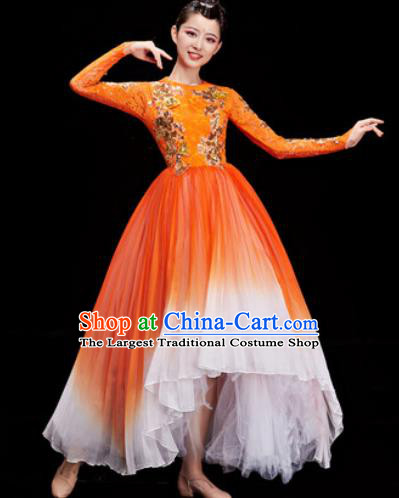 Chinese Traditional Opening Dance Chorus Orange Veil Dress Modern Dance Stage Performance Costume for Women