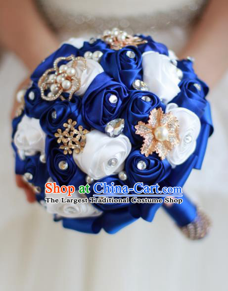 Top Grade Wedding Bridal Bouquet Hand Emulational Royal Blue Roses Tied Bouquet Flowers for Women
