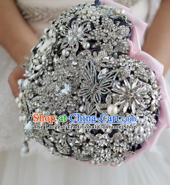 Top Grade Wedding Bridal Bouquet Hand Emulational Crystal Heart Shape Tied Bouquet Flowers for Women