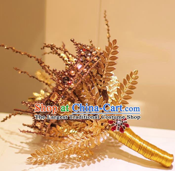 Top Grade Wedding Bridal Bouquet Hand Crystal Golden Royal Crown Tied Bouquet Flowers for Women